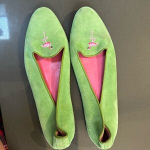 Green flats with pink flamingo. Made in Italy.